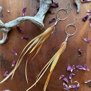 Long Feather Earrings Rooster Feathers Sterling Silver Accents